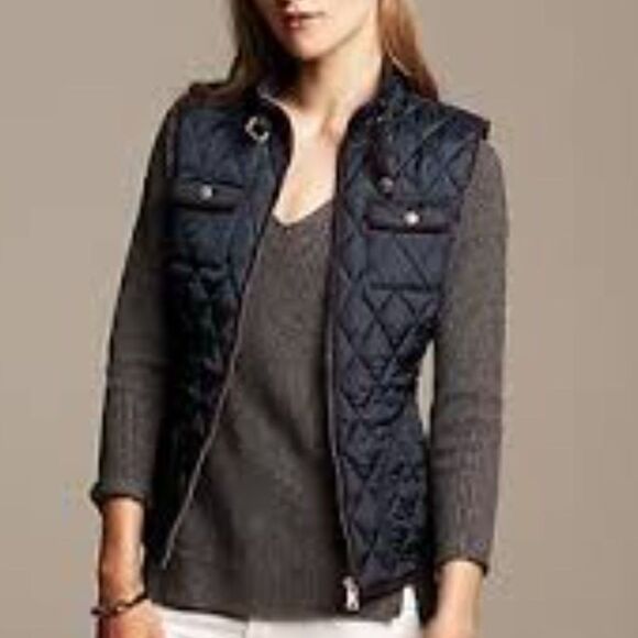 Banana Republic Vest Size M Blue Brown Trim Zip Up Quilted Pockets Women's - Picture 1 of 8